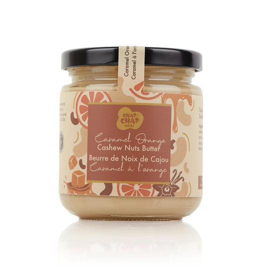 Chap Chap Snacks product photography of Caramel Orange Cashew Nut Butter