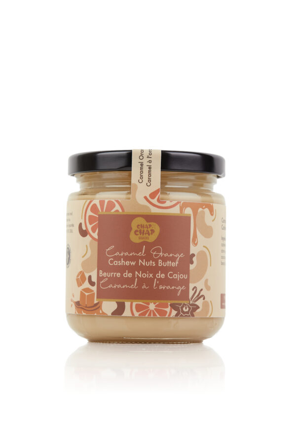 Chap Chap Snacks product photography of Caramel Orange Cashew Nut Butter