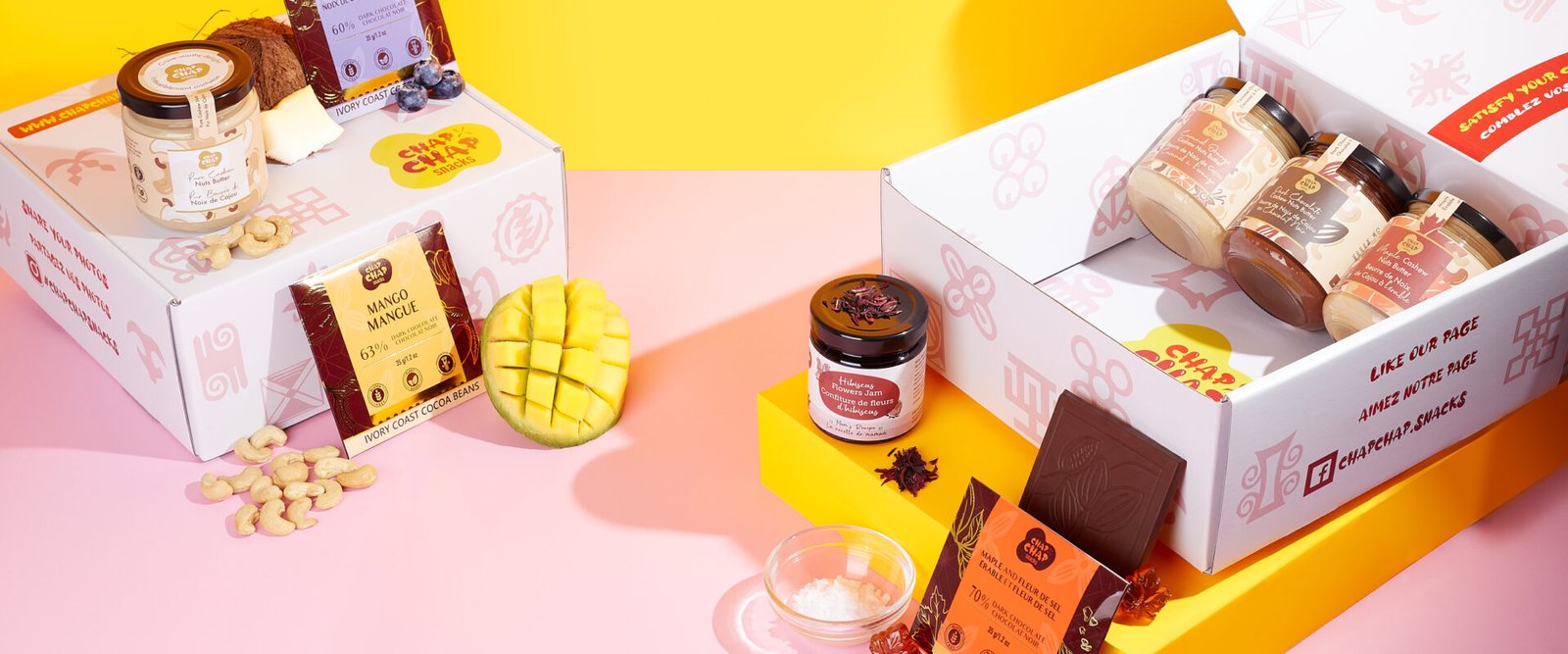 Chap Chap Snacks product photography including hibiscus jam, various cashew nuts butters and various plant-based dark chocolates