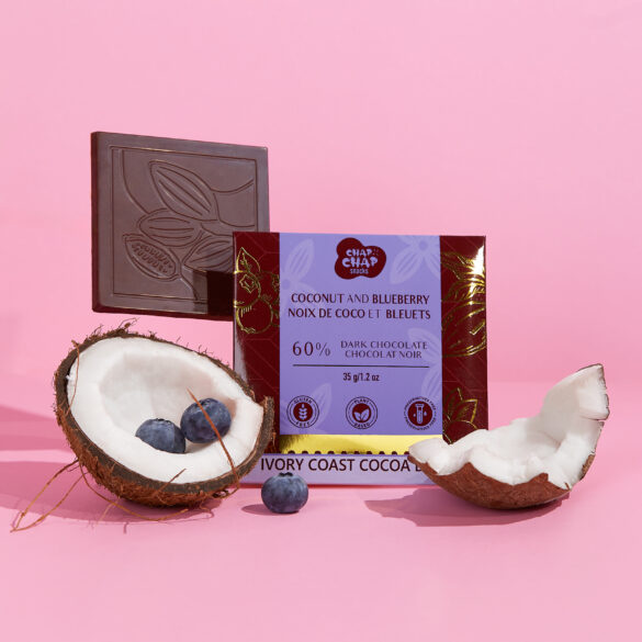 Chap Chap Snacks product photography of Dark Chocolate Coconut Blueberry with coconut