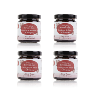 Chap Chap Snacks product photography of 4 jars of hibiscus flower jam